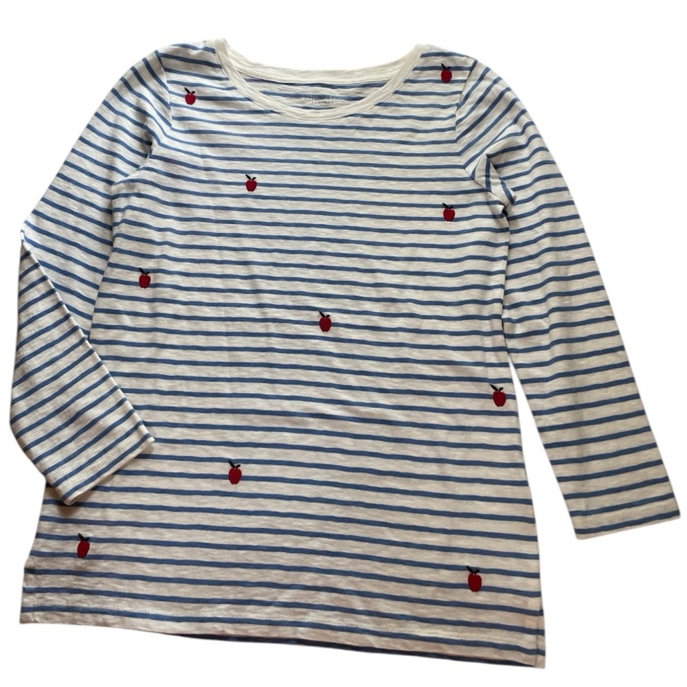3/$18 Talbots Blue and White Tee with Apples Three Quarter Sleeve NWOT